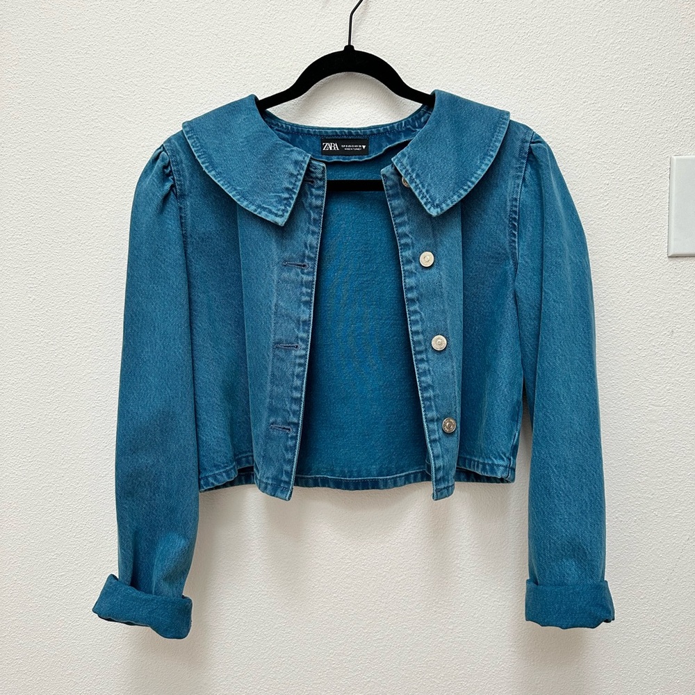 Zara Crop Denim Jacket with Peter Pan Collar